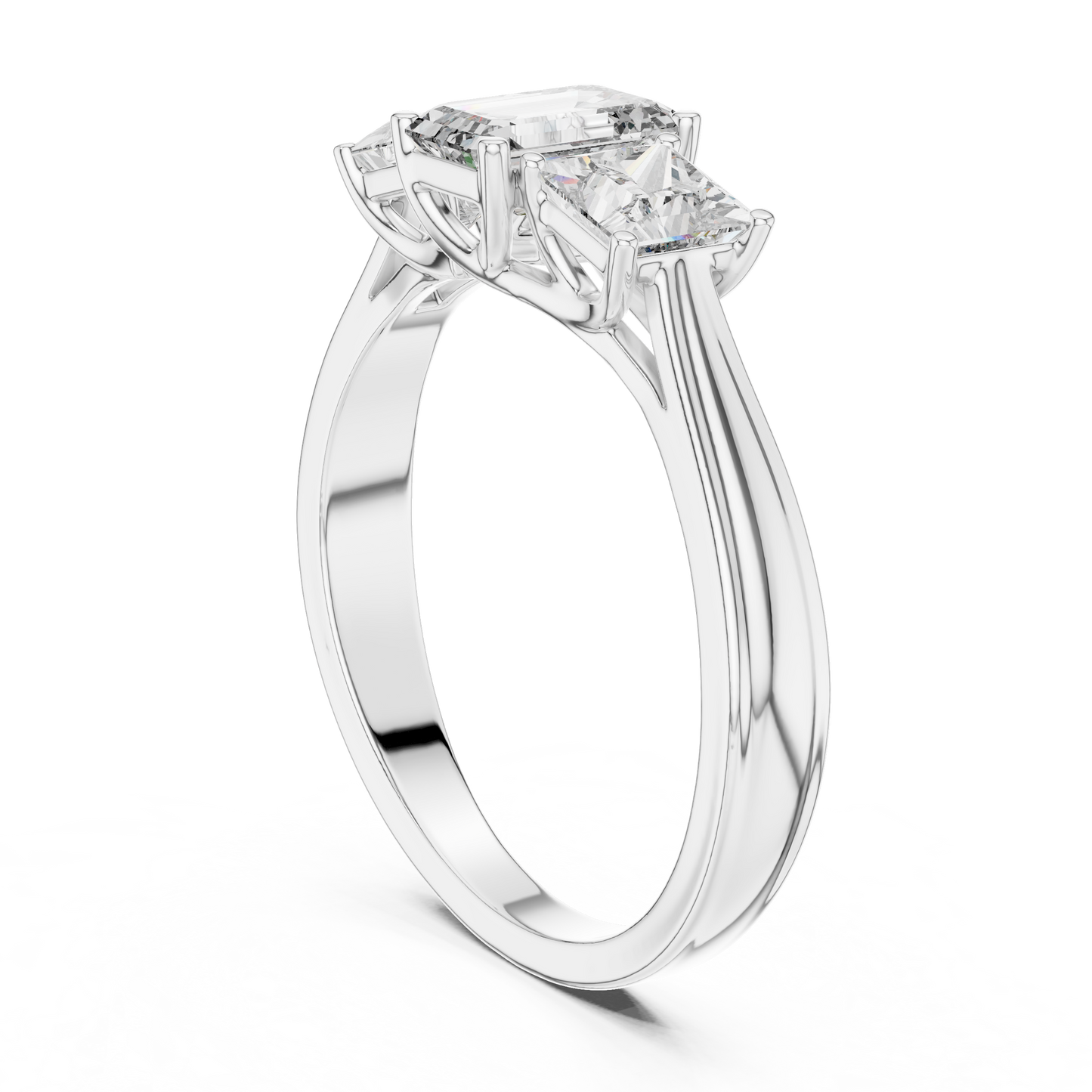 Emerald Cut Three-Stone Diamond Ring with Princess-Cut Side Stones