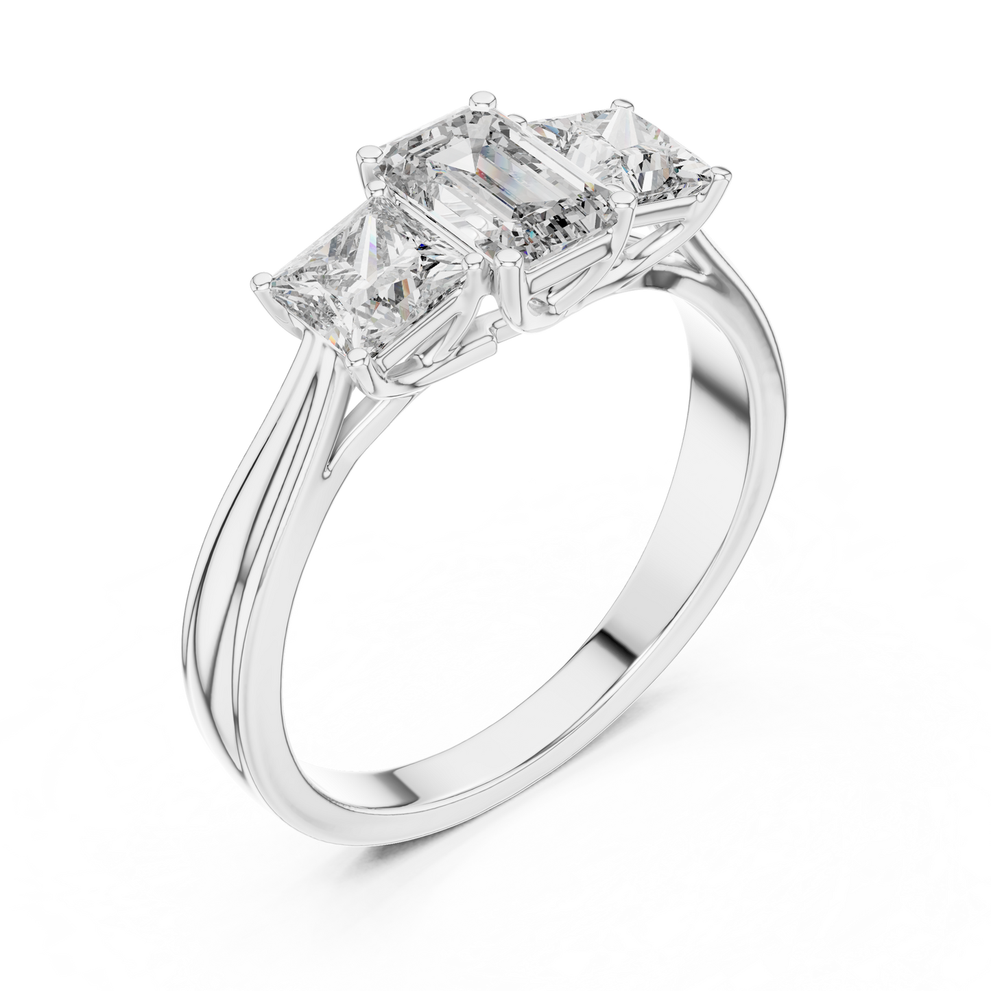 Emerald Cut Three-Stone Diamond Ring with Princess-Cut Side Stones