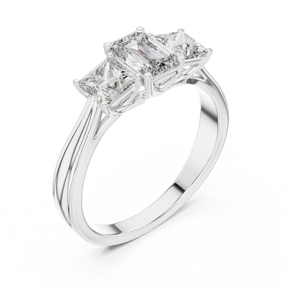 Emerald Cut Three-Stone Diamond Ring with Princess-Cut Side Stones