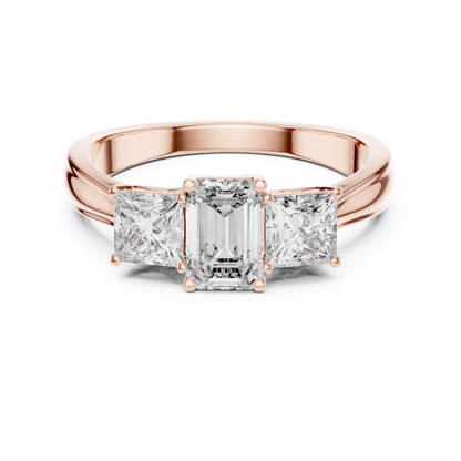 Emerald Cut Three-Stone Diamond Ring with Princess-Cut Side Stones