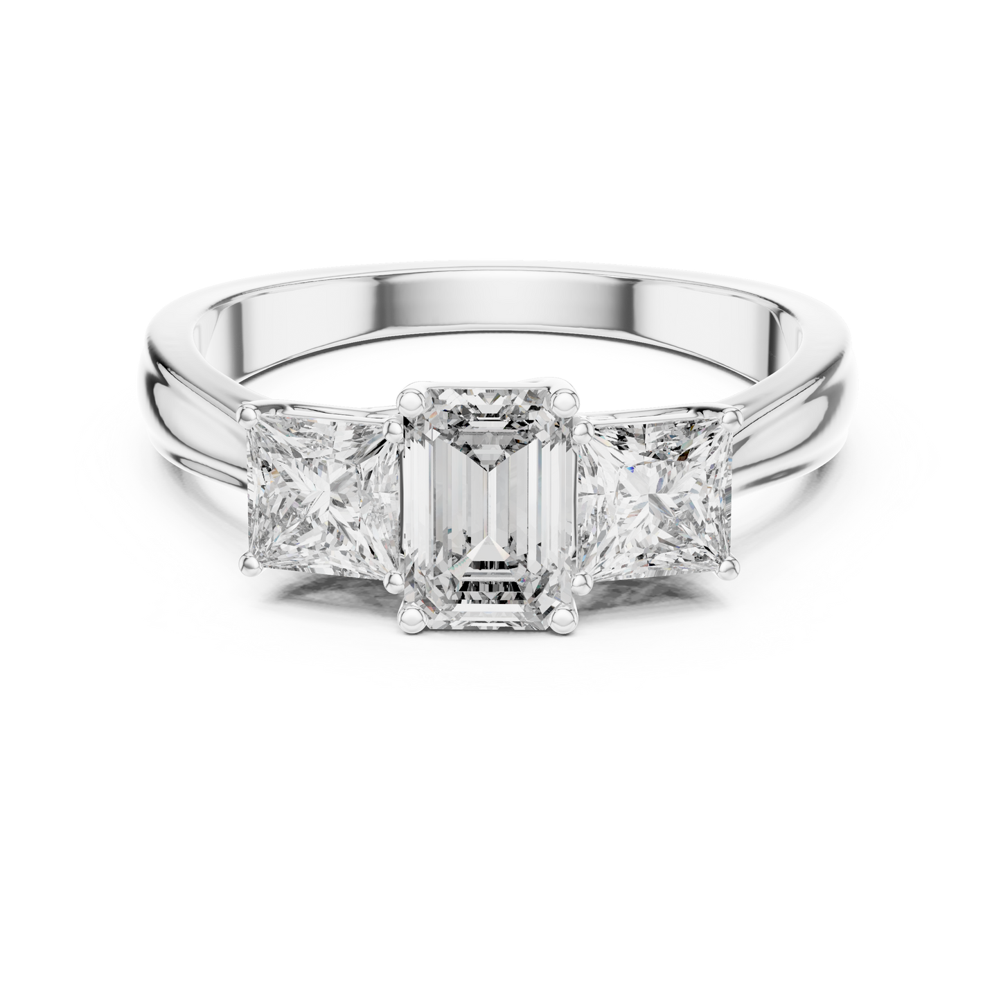 Emerald Cut Three-Stone Diamond Ring with Princess-Cut Side Stones