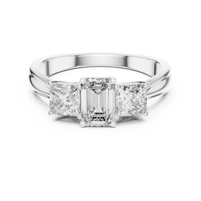 Emerald Cut Three-Stone Diamond Ring with Princess-Cut Side Stones