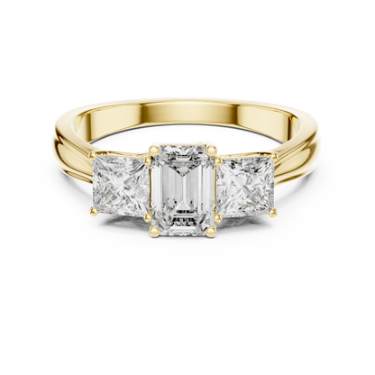 Emerald Cut Three-Stone Diamond Ring with Princess-Cut Side Stones