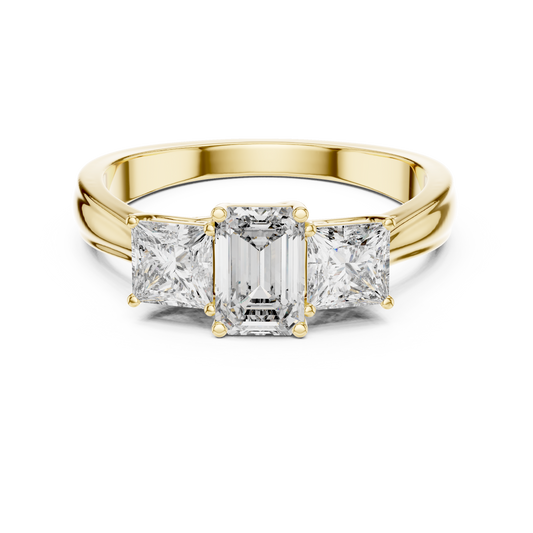 Emerald Cut Three-Stone Diamond Ring with Princess-Cut Side Stones