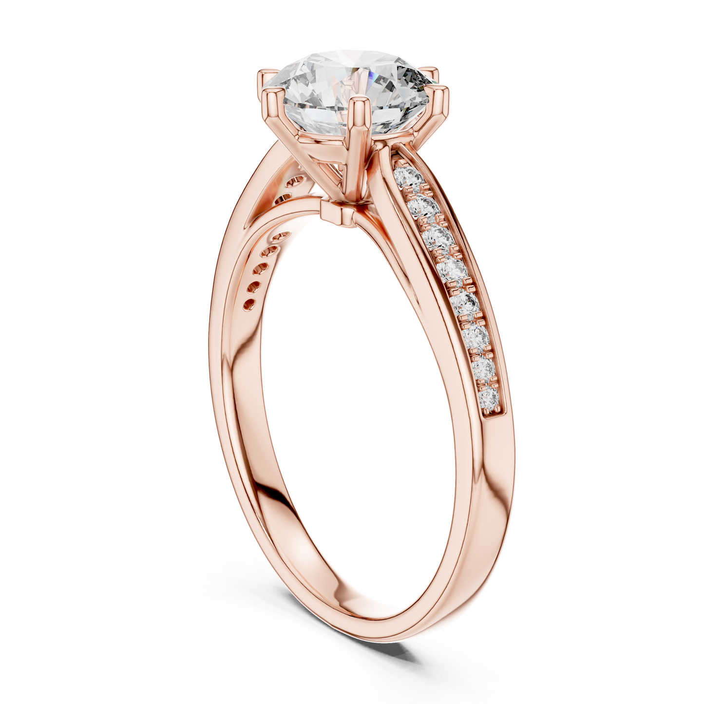 Graduated Pave Six-Prong Solitaire Diamond Engagement Ring