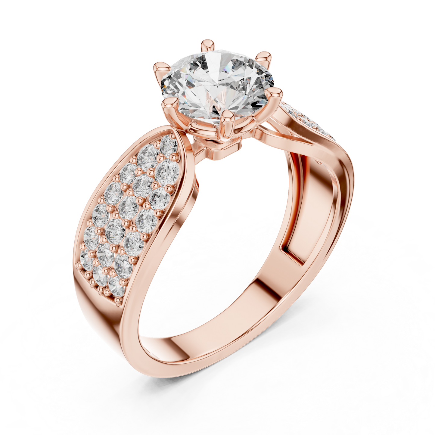Round Diamond Ring with Pave Diamond Shoulders