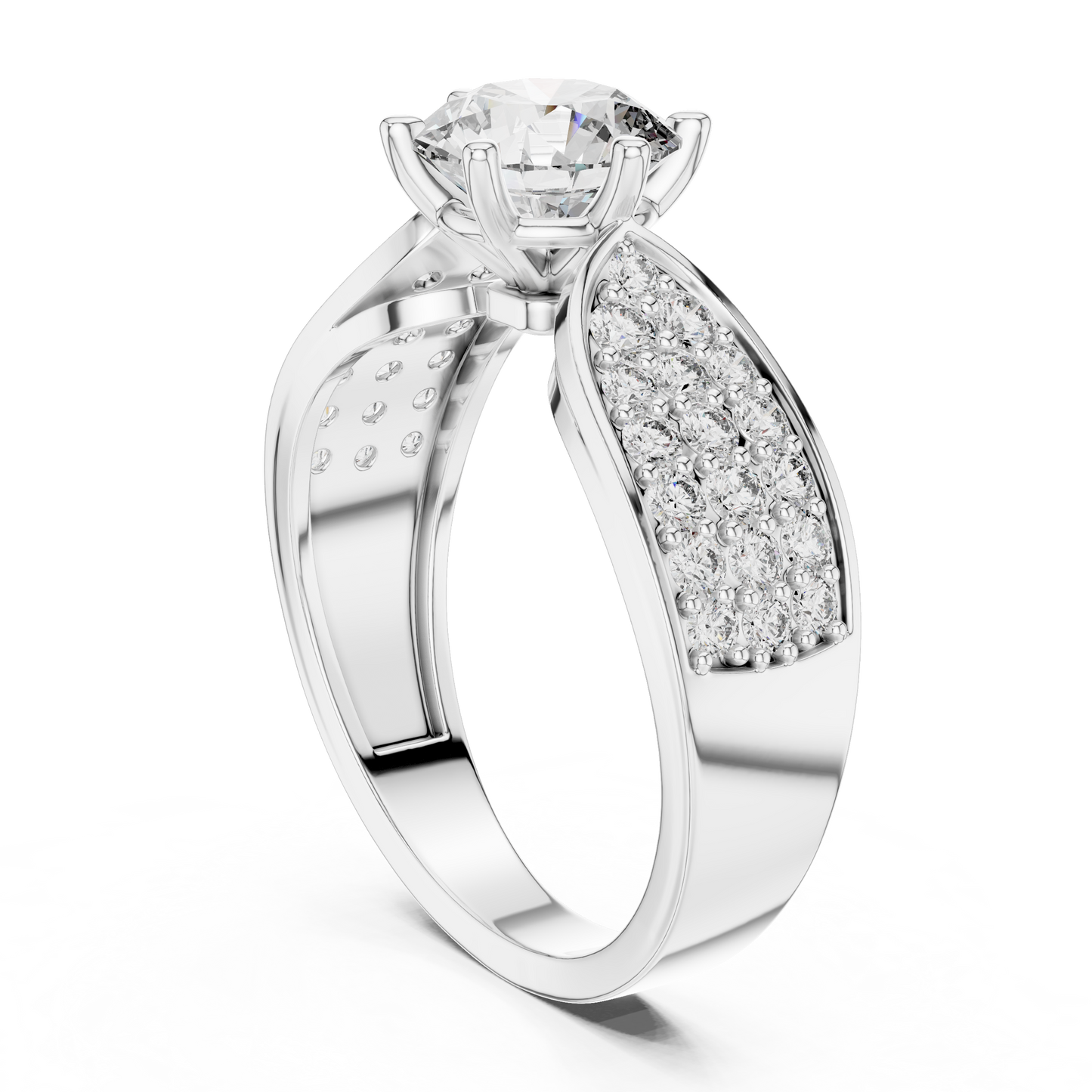 Round Diamond Ring with Pave Diamond Shoulders