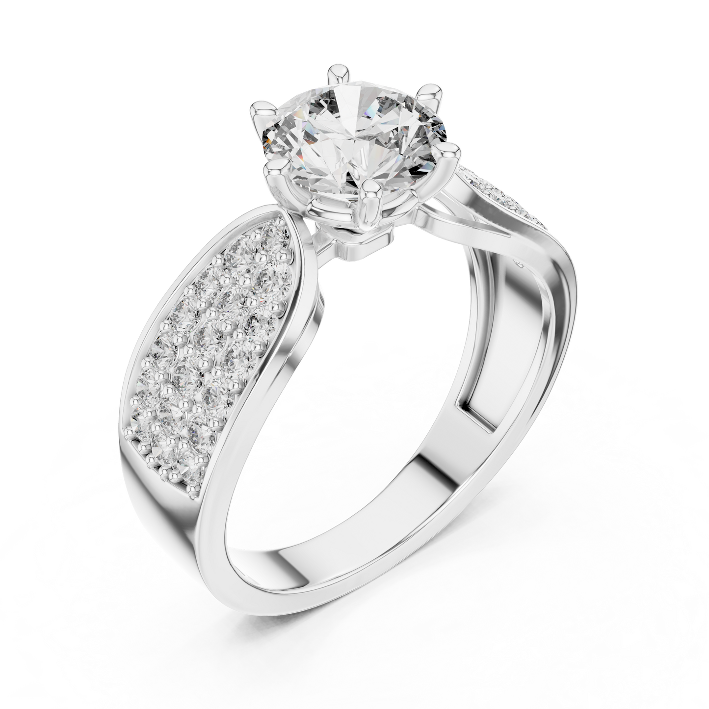 Round Diamond Ring with Pave Diamond Shoulders