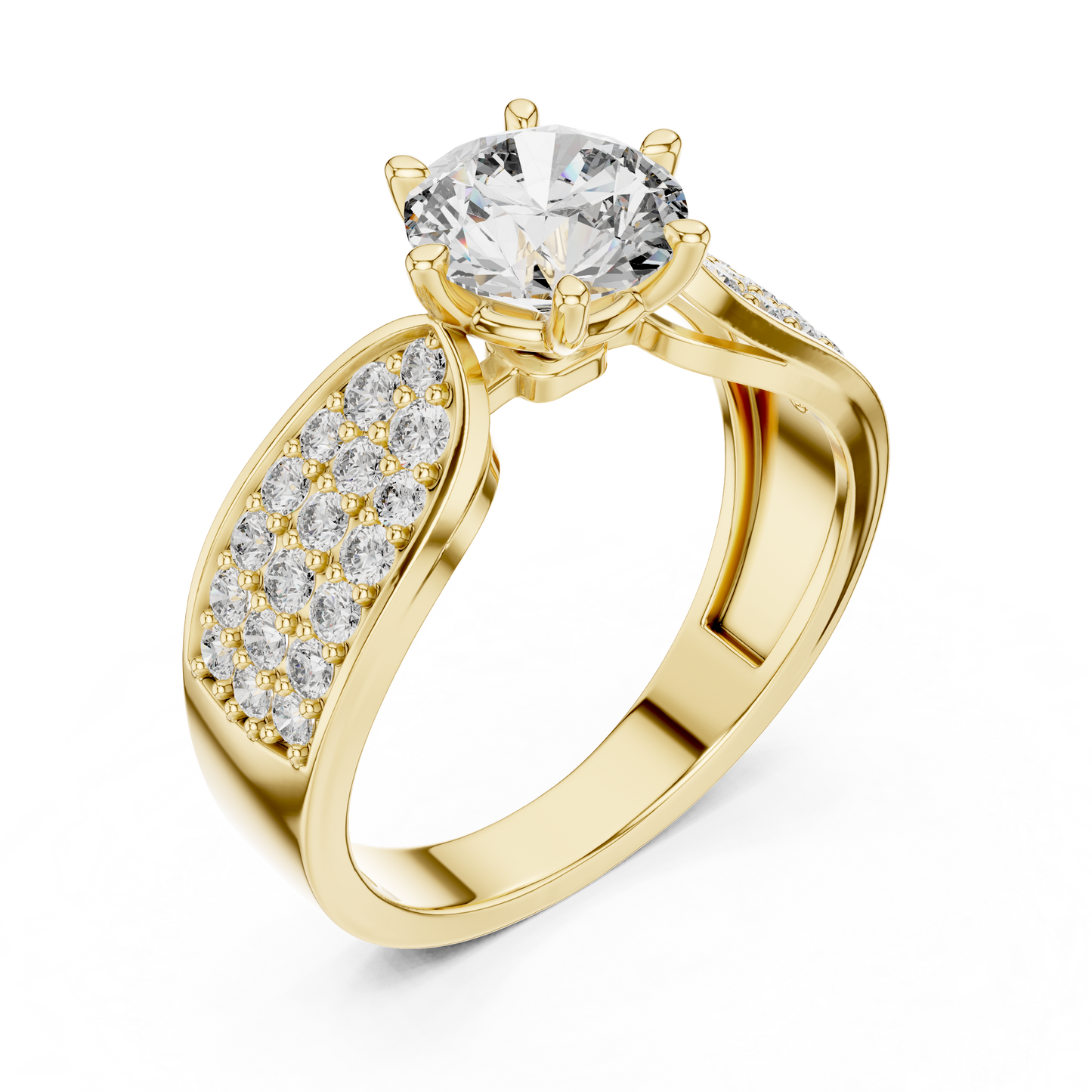 Round Diamond Ring with Pave Diamond Shoulders