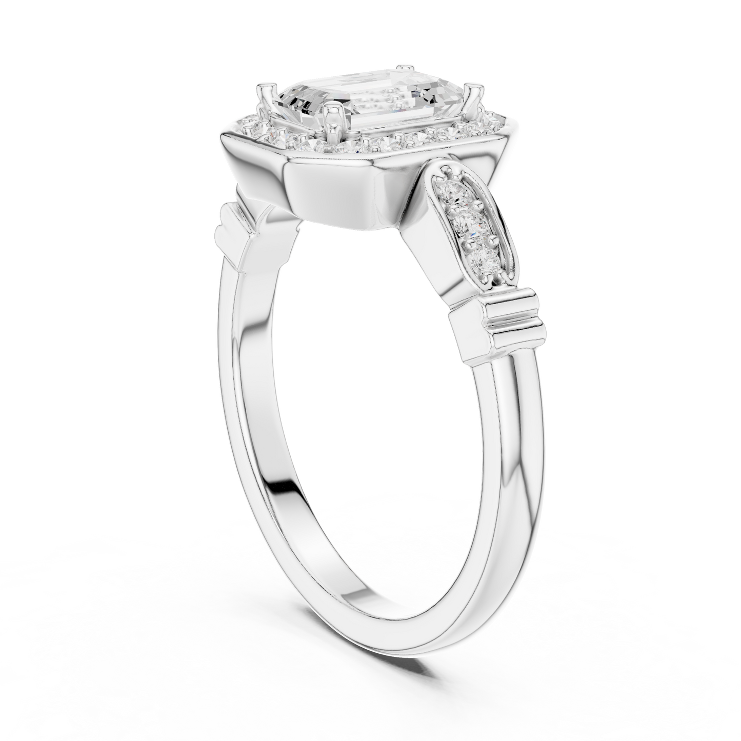 Emerald Cut Halo Pave Engagement Ring