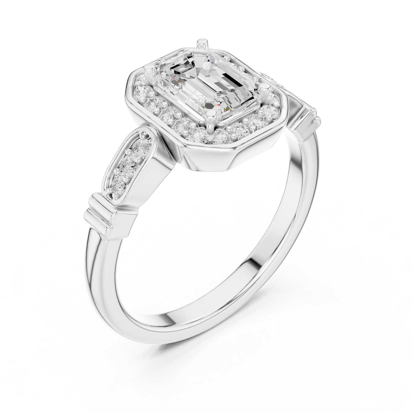 Emerald Cut Halo Pave Engagement Ring